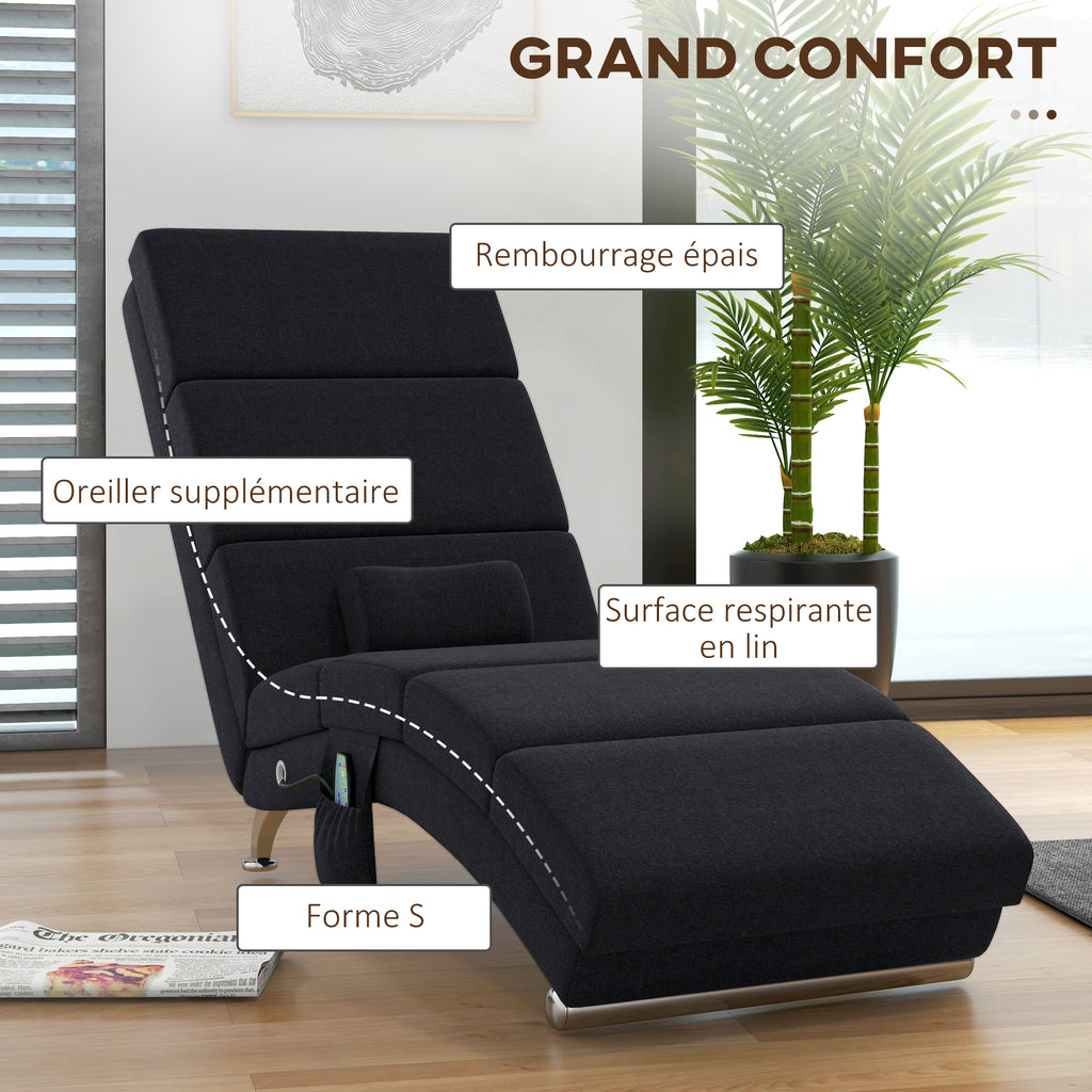 Fauteuil relax chaise longue de relaxation ergonomique, massant et chauffant avec télécommande 56 x 168 x 84 cm noir-4