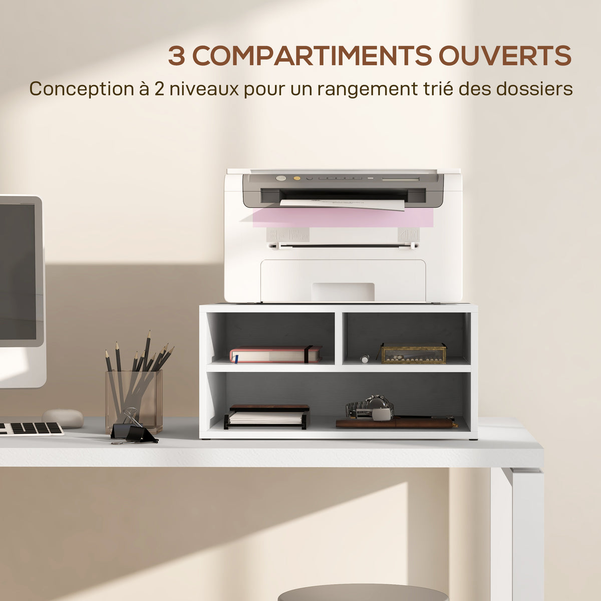 Organiseur bureau aspect blanc avec 3 compartiments fournitures support d'imprimante 47 x 40 x 22,5 cm-3