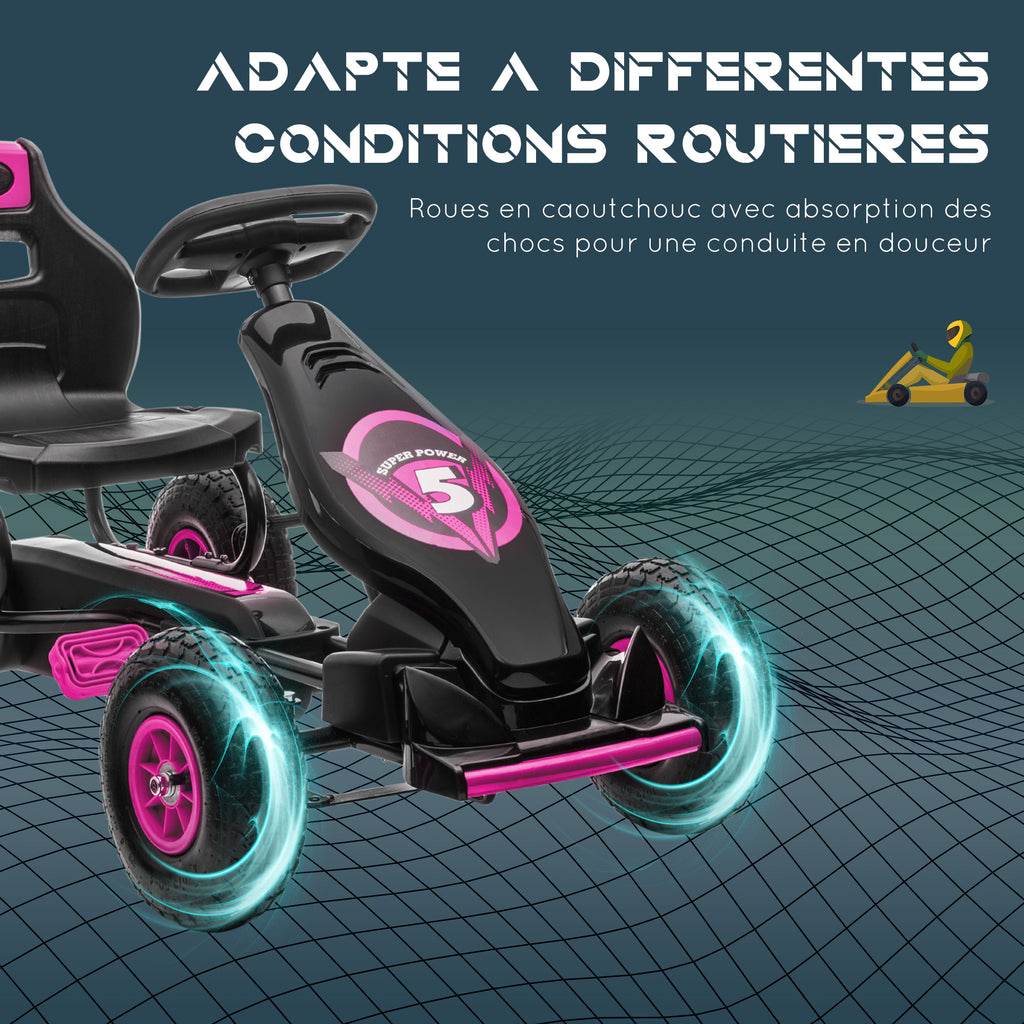 Kart à pédales pour enfant siège réglable 3 positions frein à main enfant de 5 à 12 ans rose noir-5