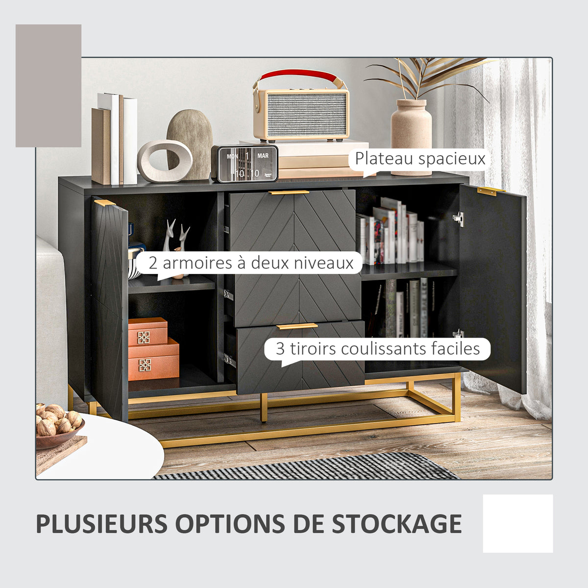 Buffet design contemporain graphique 2 placards porte étagères réglables 3 tiroirs coulissants en bois noir métal doré-4