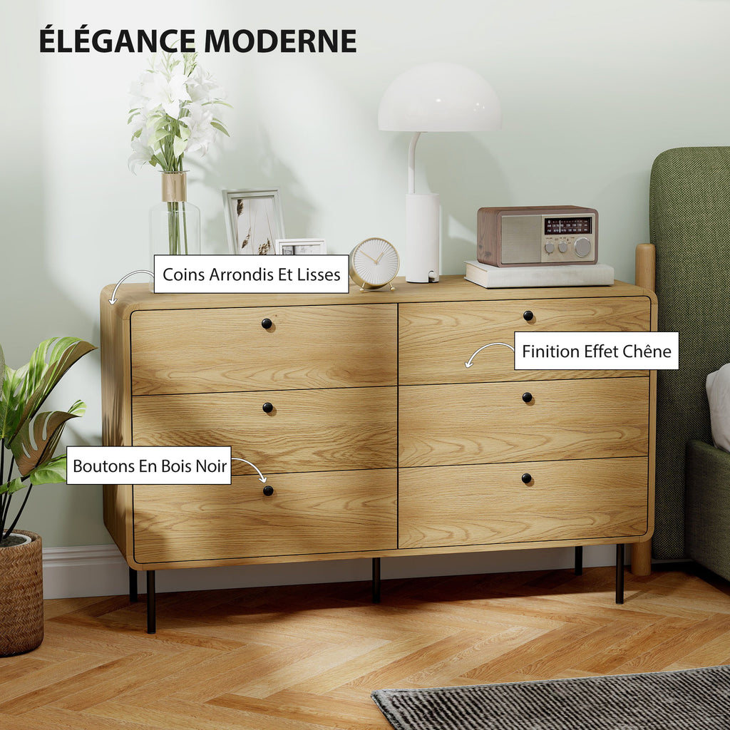 Commode 6 tiroirs meuble de rangement style moderne coins arrondis et pieds en acier 120 x 40 x 75cm effet bois de chêne-4