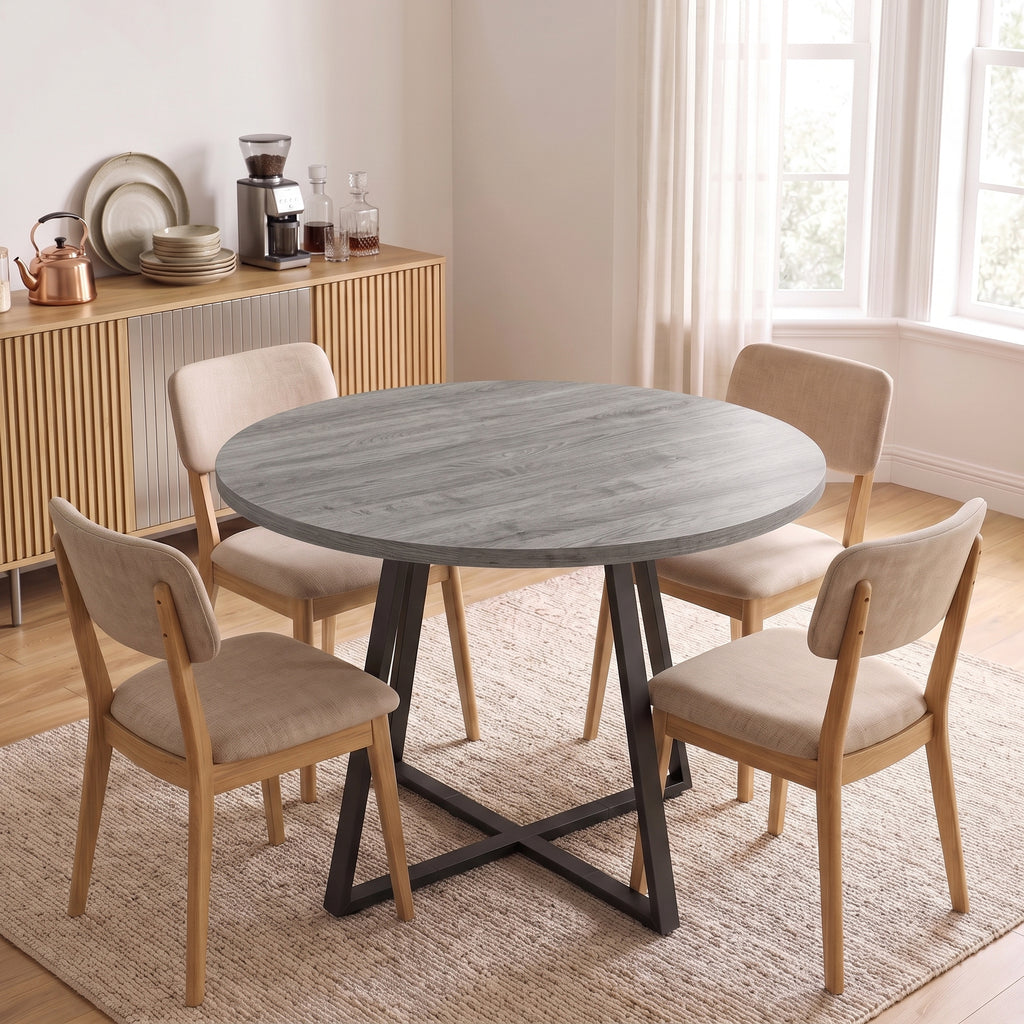 Table à Manger Ronde pour 4 Personnes Ø 100 cm, Cadre Carré en Acier Carbone, Style Industriel, Effet Bois Gris-1