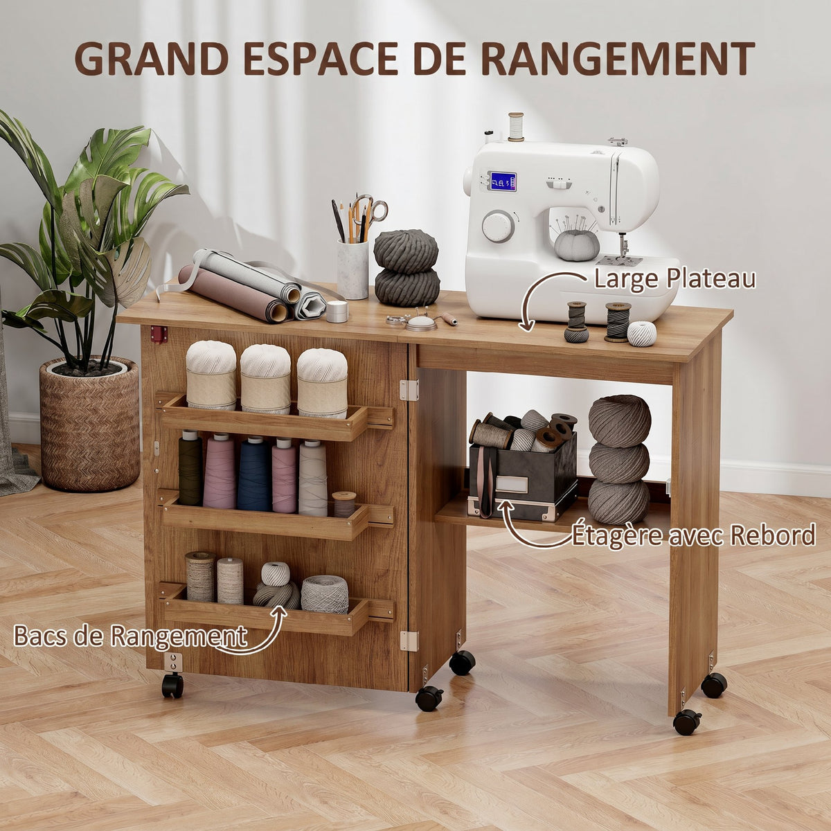 Table de couture pliante meuble couture à abattant avec bacs de rangement, étagère ouverte et roulettes, marron-4
