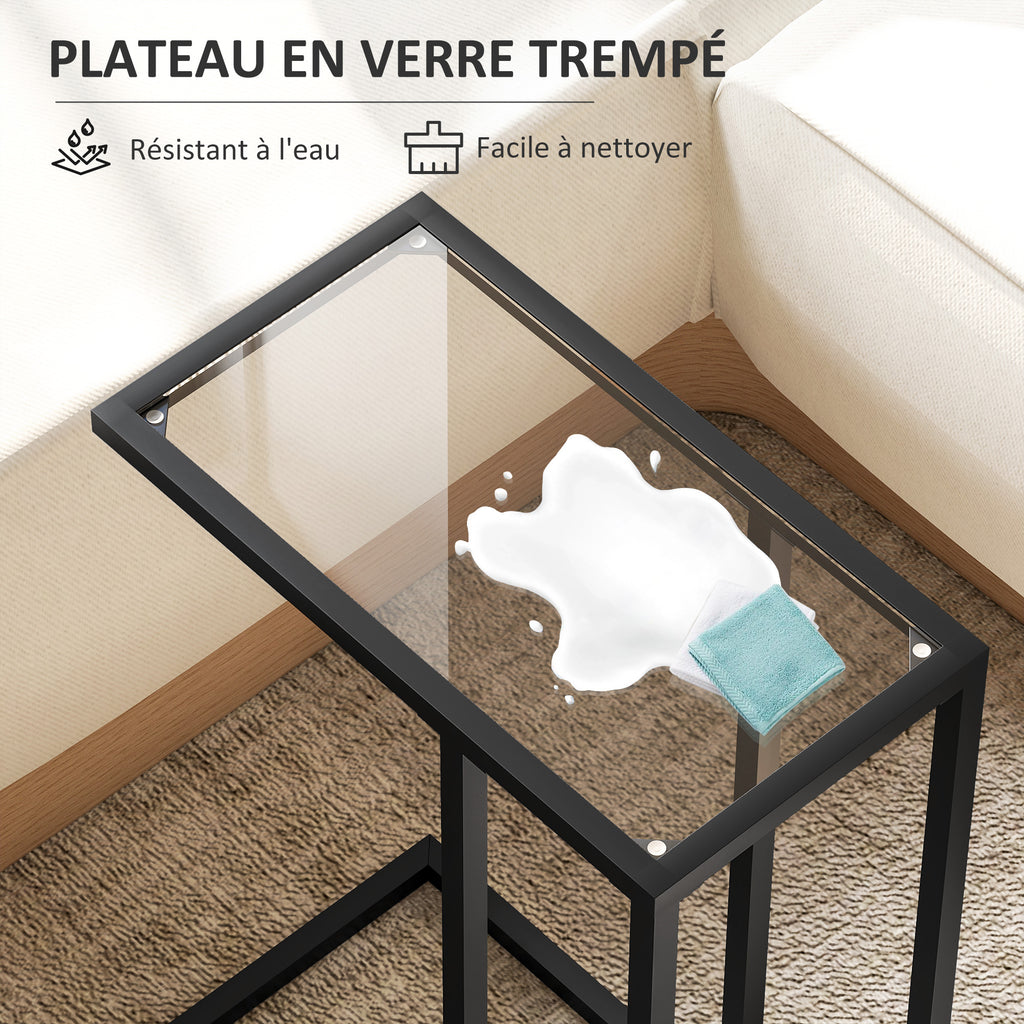 Table d'appoint en forme de C avec plateau en verre trempé, cadre en acier, noir-4
