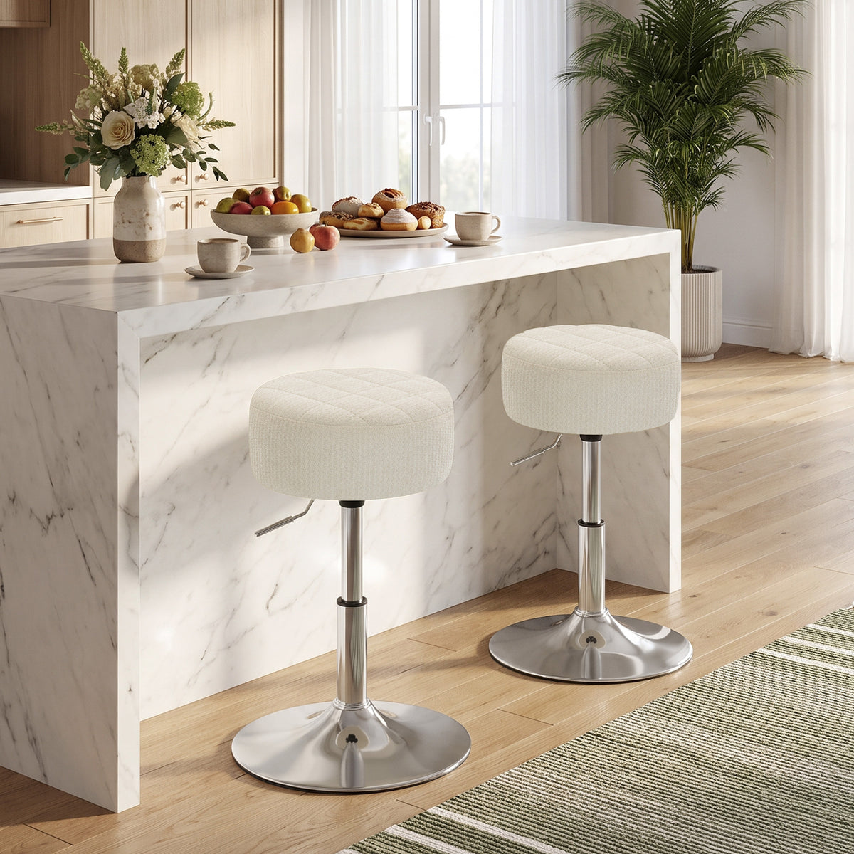 Tabouret de coiffeuse en chenille, tabouret de maquillage pivotant, tabouret de bar réglable en hauteur 51-66 cm, crème-1