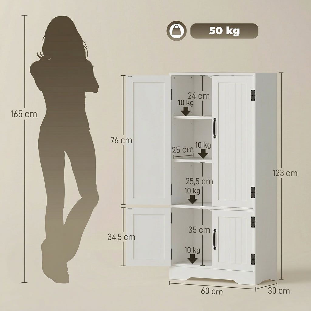 Buffet de cuisine armoire de cuisine contemporaine multi-rangements 2 placards 3 étagères 60 x 30 x 123 cm blanc-2