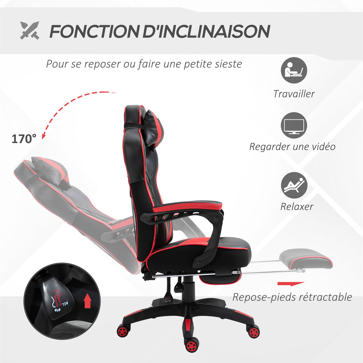 Chaise gaming Ergonomique, Fauteuil de Bureau confortable avec Repose-Pied, Appuie-Tête et coussin lombaire, Hauteur Réglable, noir et rouge-4