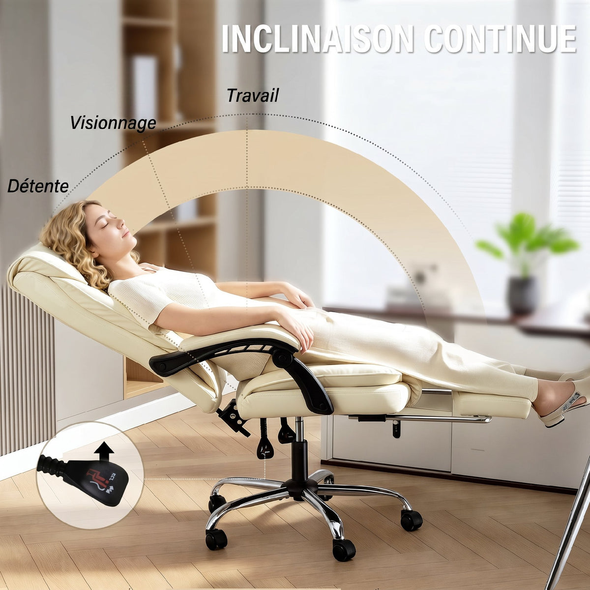 Chaise de bureau ergonomique, fauteuil de bureau inclinable avec repose-pieds, hauteur réglable, pivotante 360°, beige-3