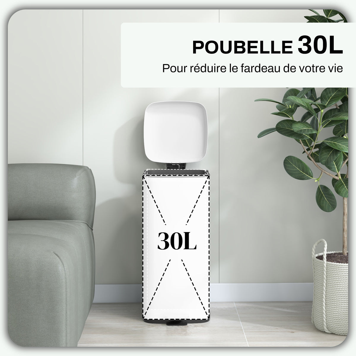 Poubelle de cuisine 30L avec couvercle à fermeture douce et pédale, seau intérieur amovible, 28L x 35l x 63,5H cm, blanc-3