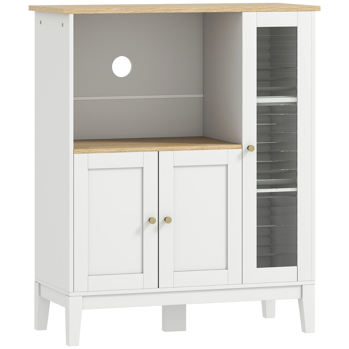 Meuble armoire micro-ondes pour cuisine avec 1 niche, 3 portes passe-câbles 80 x 35 x 97 cm blanc et aspect bois-0