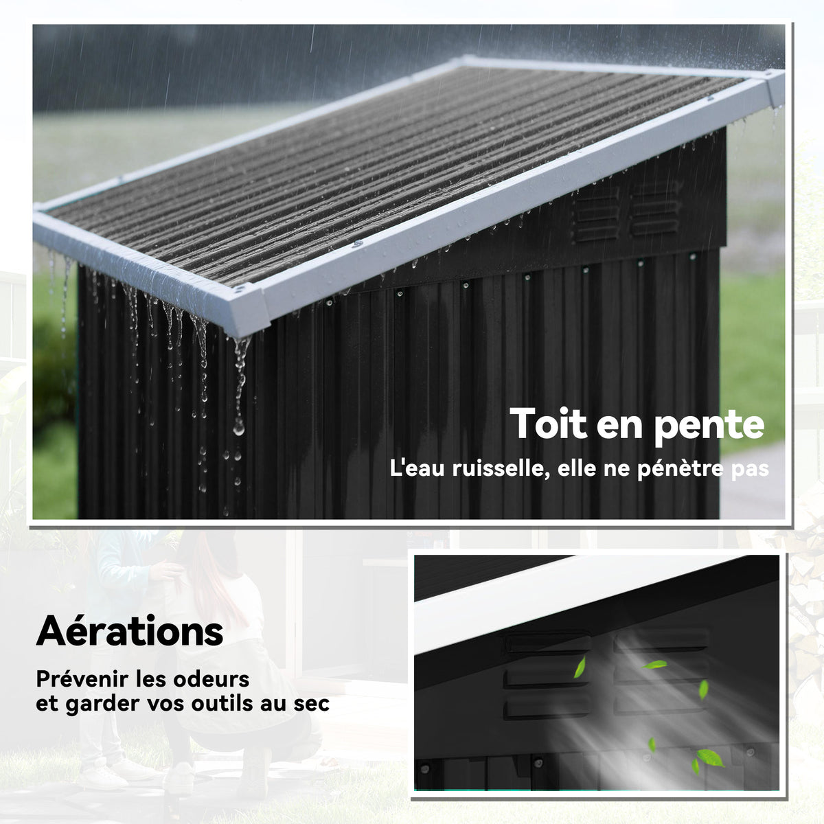 Abri de jardin en métal, cabane de jardin, porte verrouillable, toit incliné, aérations et gants, 107,5x91x185cm, gris-4