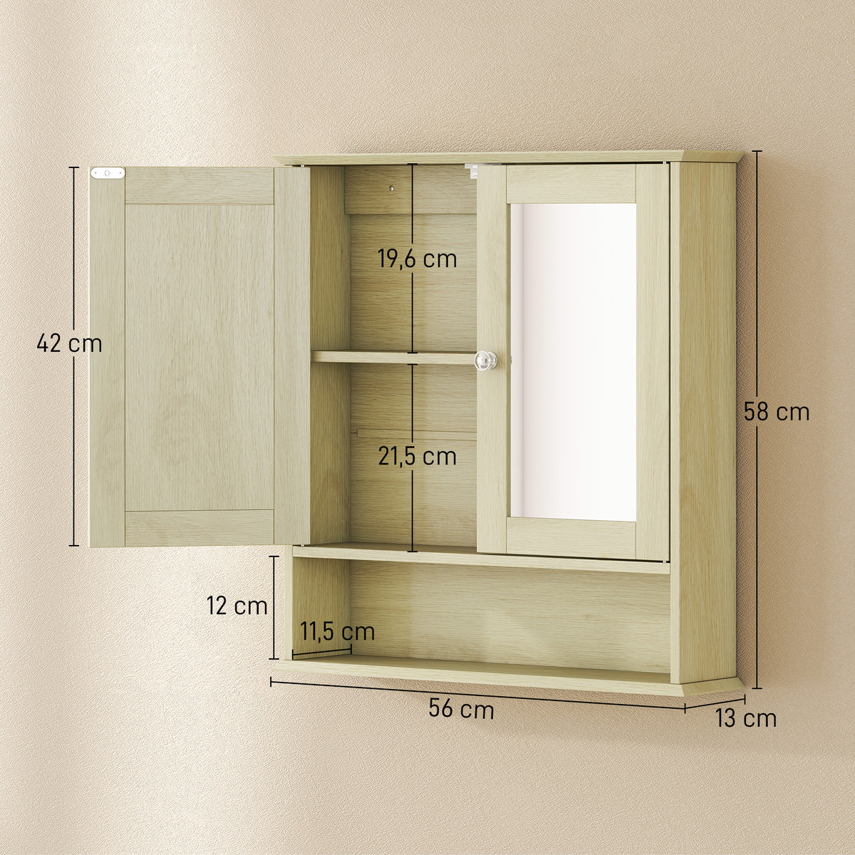 Armoire murale salle de bain avec miroir, 56 x 13 x 58 cm, meuble salle de bain avec Portes Miroir Doubles Bois Naturel-2