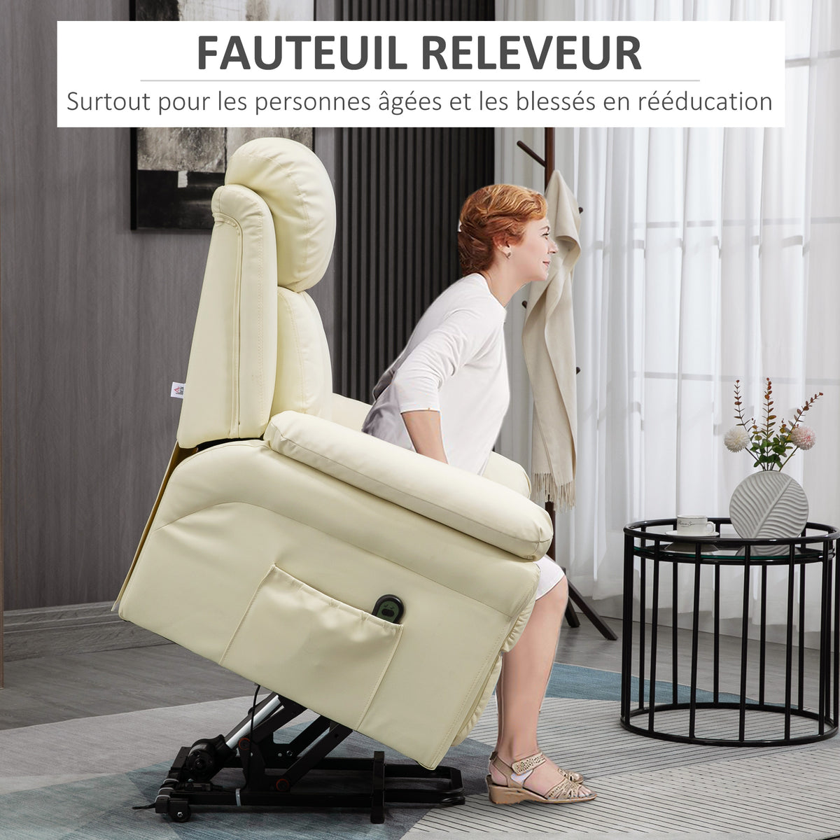 Fauteuil de Relaxation électrique Fauteuil releveur inclinable avec Repose-Pied Ajustable revêtement synthétique Crème-3