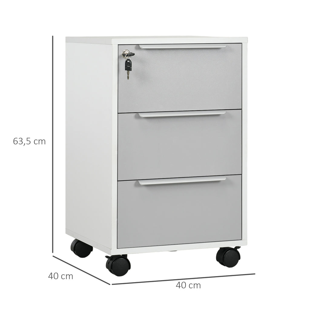 Caisson de bureau à roulettes avec 3 tiroirs et serrure pour dossiers 40 x 40 x 63,5 cm blanc et gris-2
