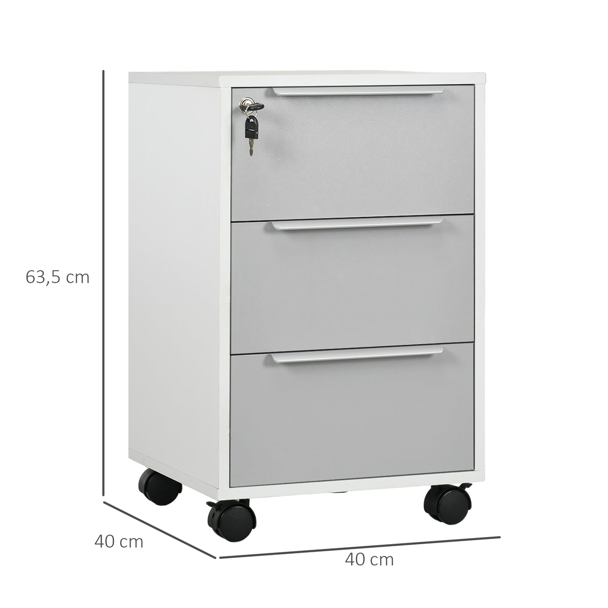 Caisson de bureau à roulettes avec 3 tiroirs et serrure pour dossiers 40 x 40 x 63,5 cm blanc et gris-2