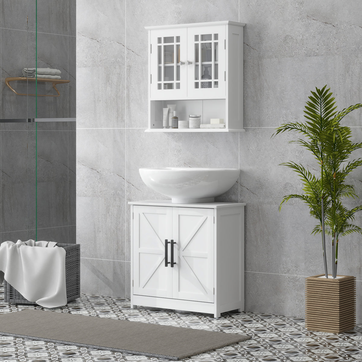 Meuble sous lavabo, meuble de salle de bain avec 2 portes magnétiques style grange et étagères, 60 x 30 x 60 cm, blanc-1