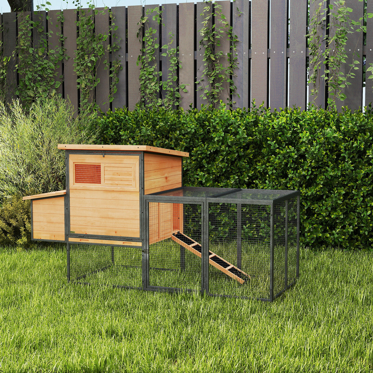 Poulailler cage à poule en bois et acier avec enclos pondoir tiroir à déjection et toit ouvert 192x81,5x104cm orange-1