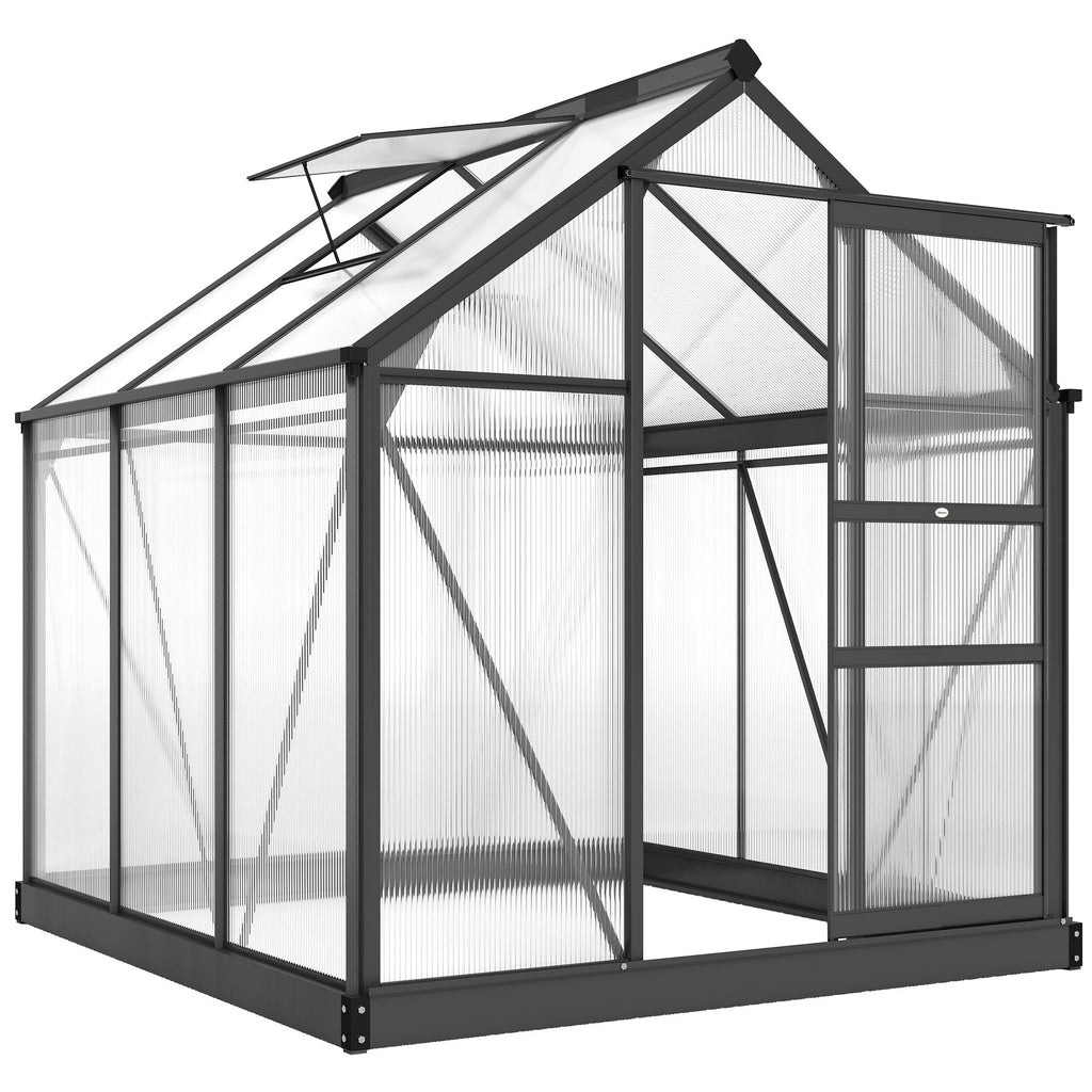 Serre de jardin polycarbonate 3,65m² 190 x 192 x 201 cm résistant aux UV fondation renforcé gouttière Gris-0