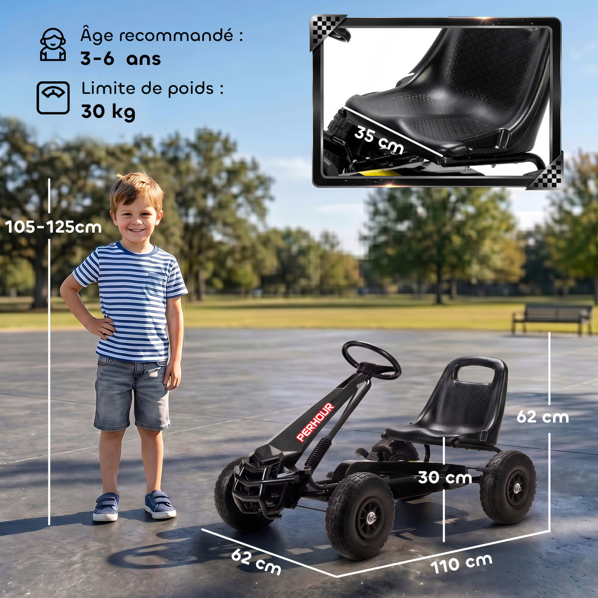 Kart à pédales Go-Kart pour enfants siège réglable pneus EVA embrayage manuel et frein 110 x 61 x 62 cm noir-2