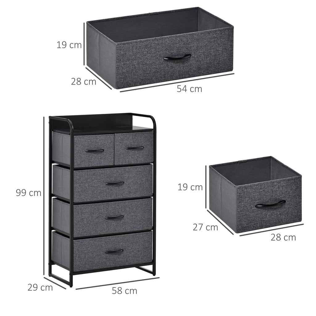 Commode Meuble de Rangement 5 tiroirs Pliables en Tissu 58 x 29 x 99 cm Gris-2