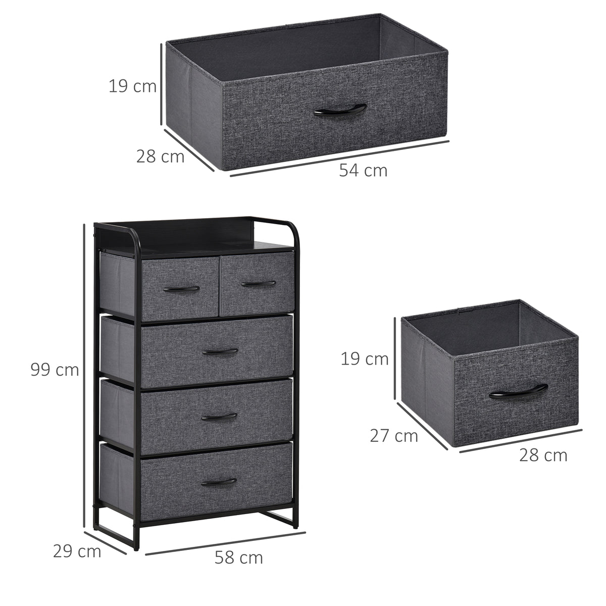 Commode Meuble de Rangement 5 tiroirs Pliables en Tissu 58 x 29 x 99 cm Gris-2