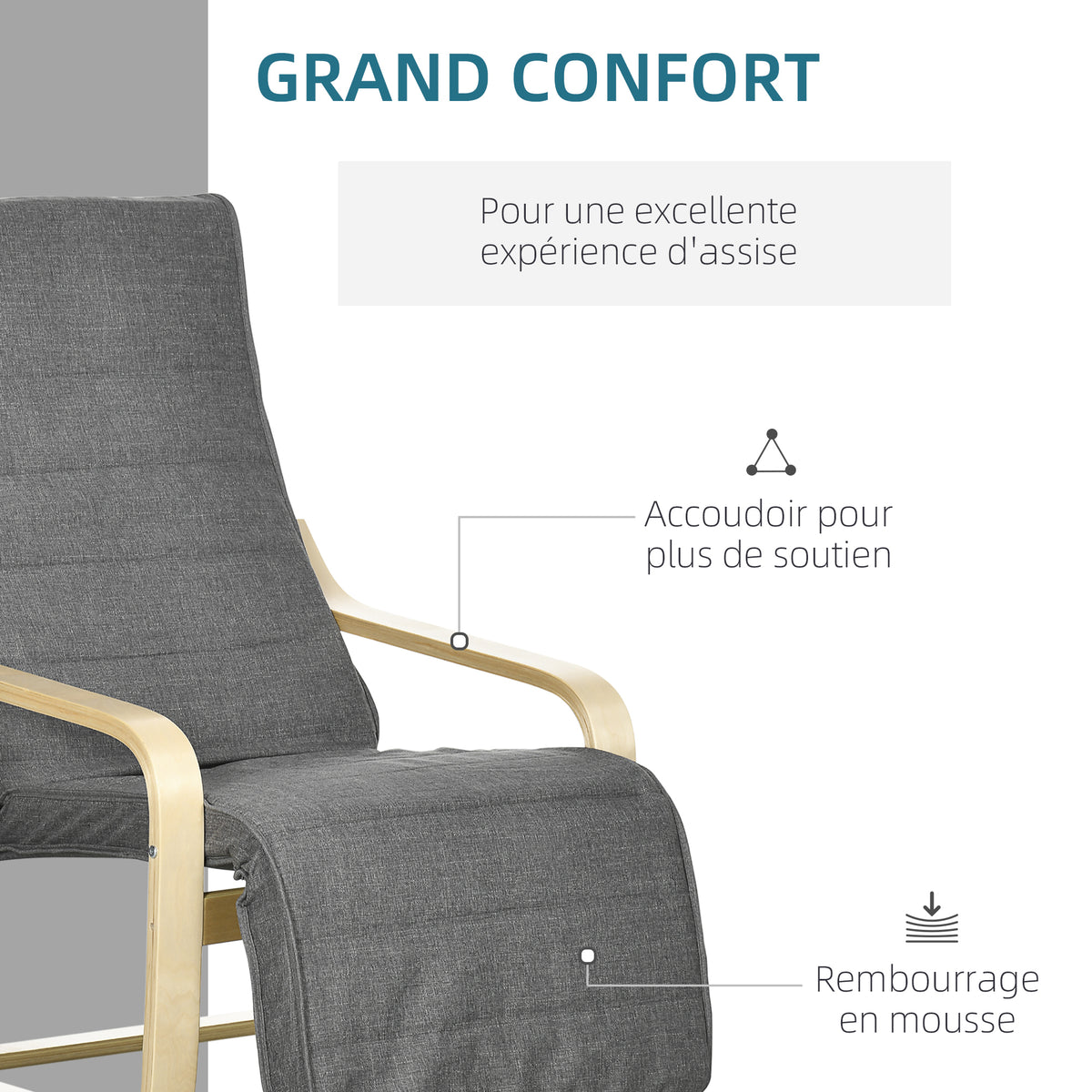 Fauteuil Luxe Confort et Relaxation avec Repose-Pied réglable déhoussable 94 x 66,5 x 100 cm cm Bois Massif Gris-4