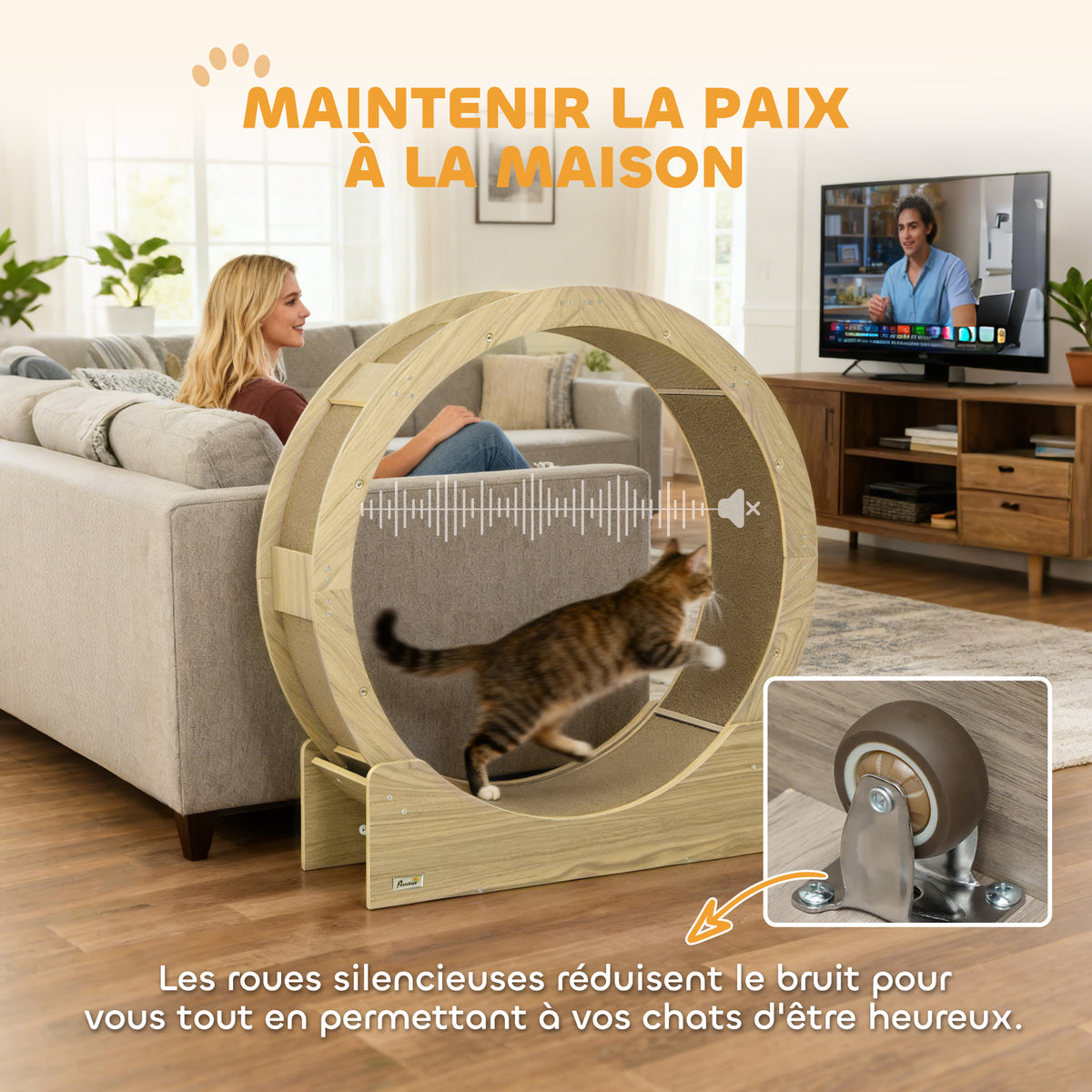 Roue de course pour chat d'intérieur tapis roulant avec frein coussins de grattage diamètre 91 cm naturel-7
