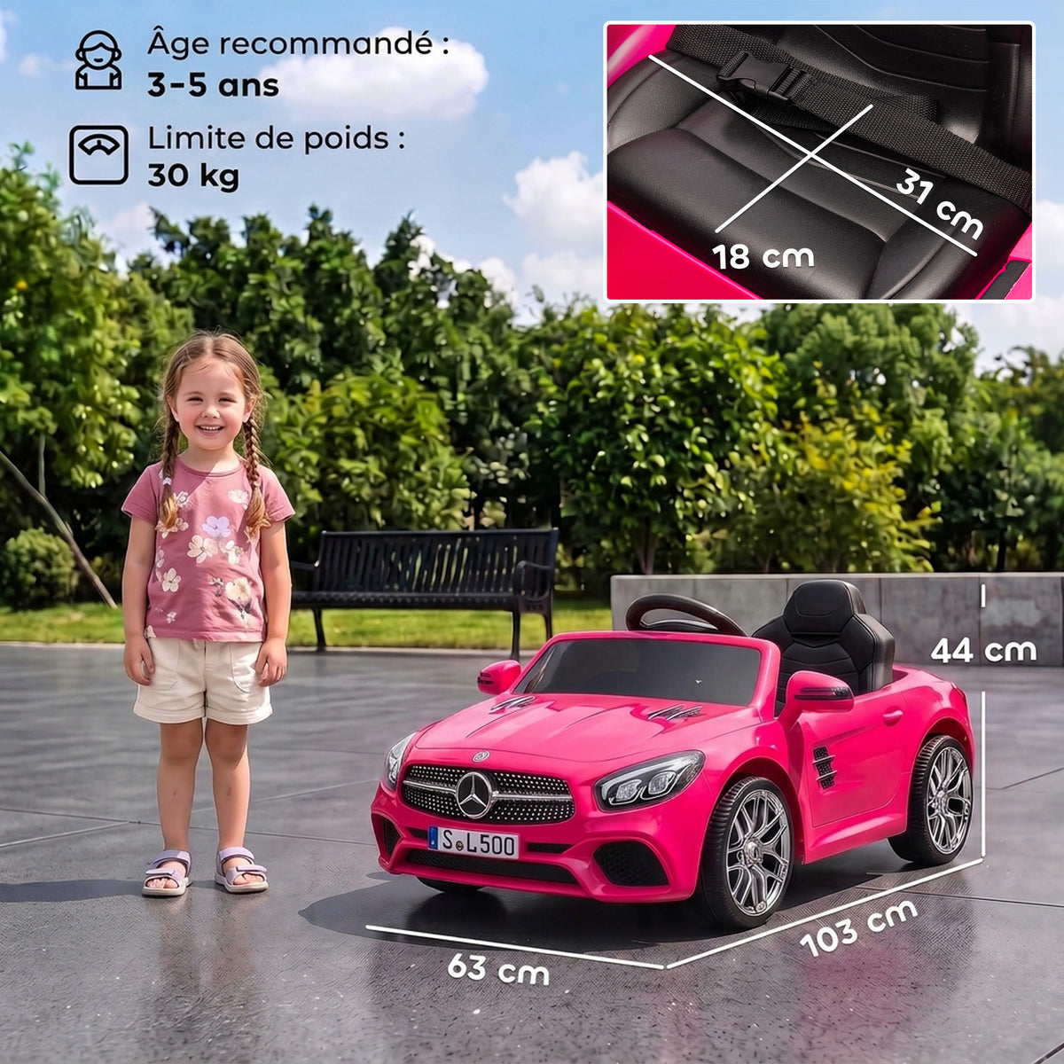 Voiture Électrique Enfants 12V Mercedes-Benz SL500, 3-5 km/h, 2 Moteurs, Télécommande 2,4G, pour 3-5 Ans, Rose-2