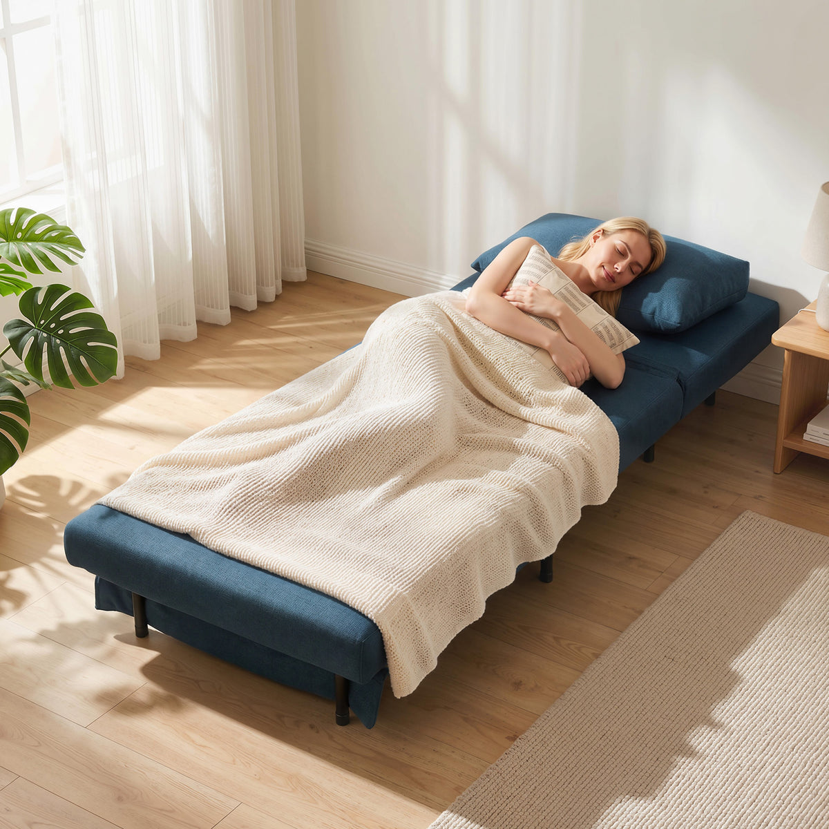 Fauteuil Convertible 1 Place, Fauteuil-Lit Clic-Clac 3 en 1 avec Dossier Réglable, Oreiller, Assise Large, Bleu-7