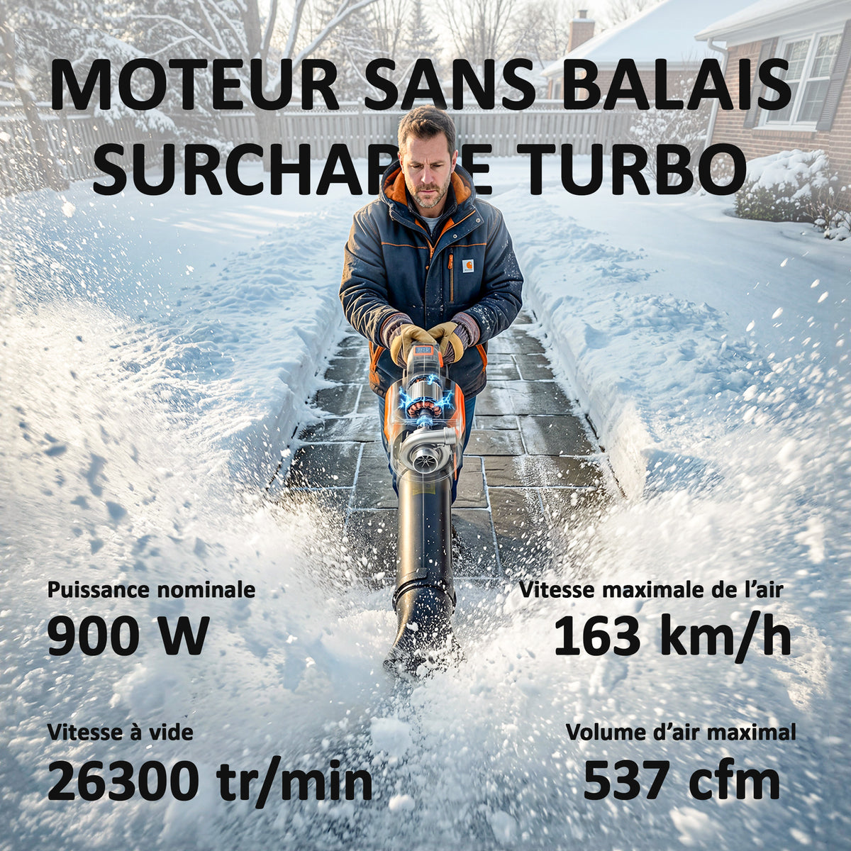 Souffleur de Feuilles sans Fil avec Moteur Brushless 900W Batterie 36v (2x4,0Ah) Puissant 15,2 m³/min Orange et Noir-3