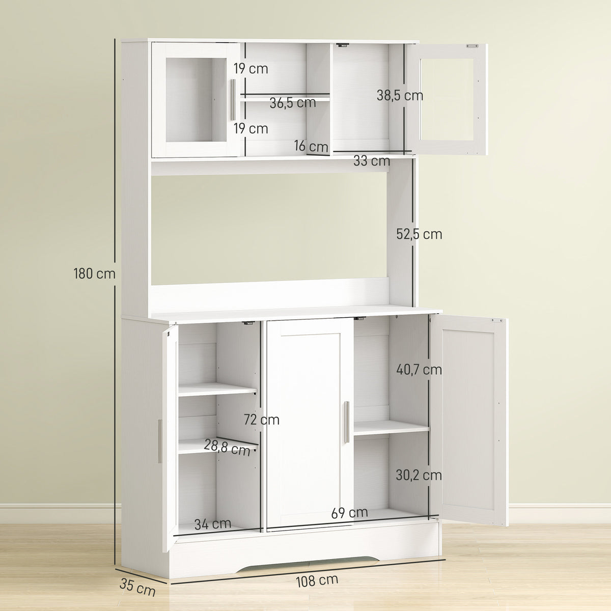 Armoire de cuisine scandinave avec placards, compartiments ouverts, portes vitrées et plan de travail, blanc-2
