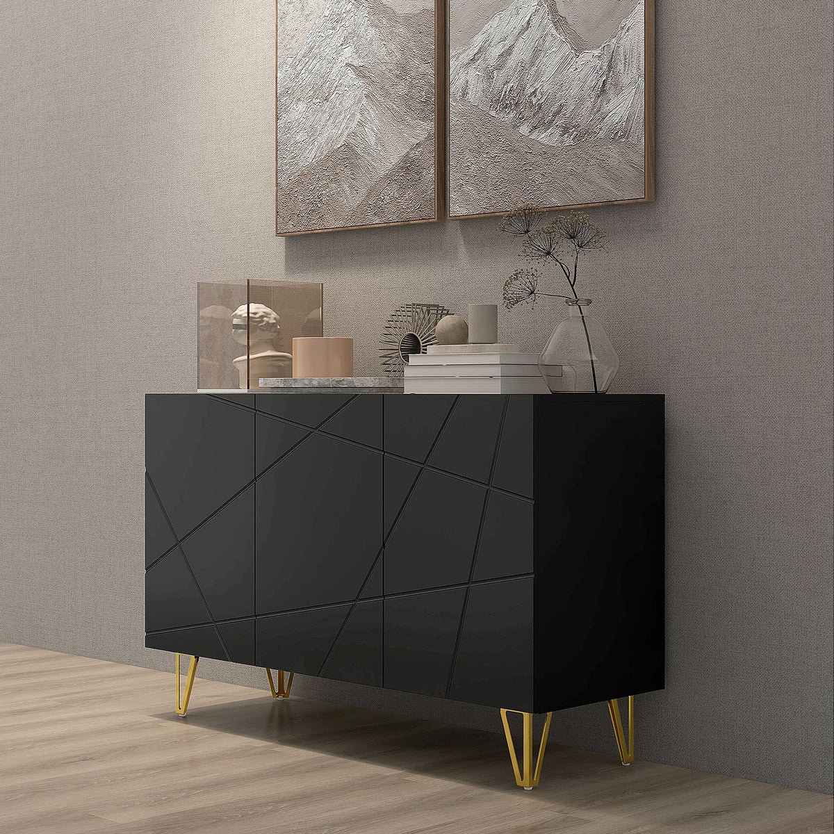 Buffet Salon, Meuble de Rangement à Haut Brillance, 3 Portes à Fermeture Douce et Étagères Réglables, 120x40x75cm, Noir-7