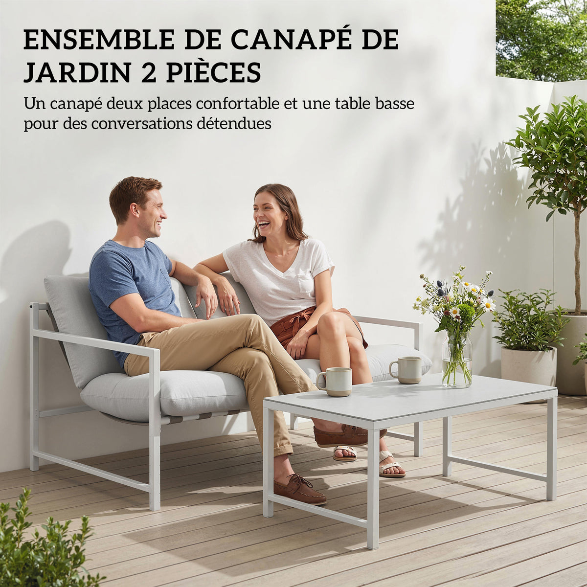 Salon de Jardin Extérieur 2 Pièces, Canapé avec Coussins, Table Basse en Verre Trempé Marbré 3D, 125x80x64cm, Gris Clair-3
