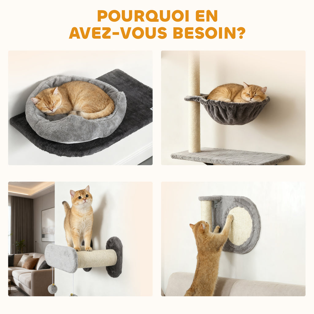 Étagères murales pour chat arbre à chat mural 5 pièces 2 niches hamac plateformes griffoirs en sisal gris-6