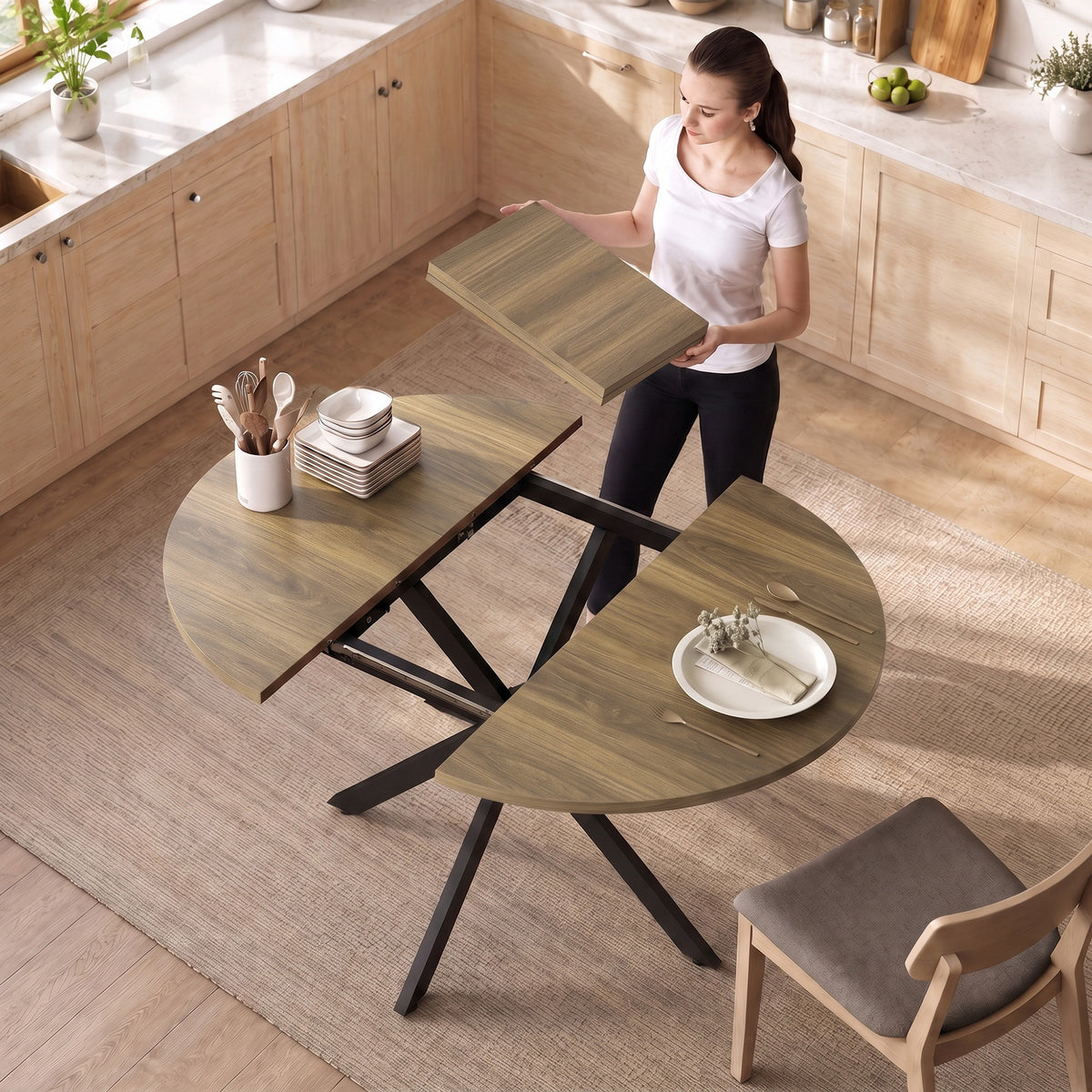 Table à manger extensible ovale pour 4 à 6 personnes, table de cuisine avec rallonge 100-135 cm, effet bois marron-7