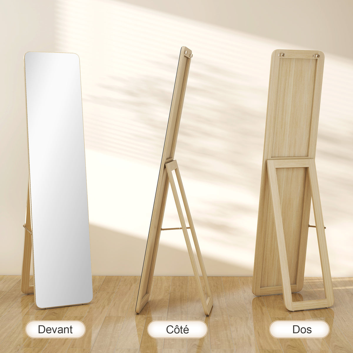 Miroir sur Pied et Mural rectangulaire dim. 37L x 43l x 156H cm bois naturel-3