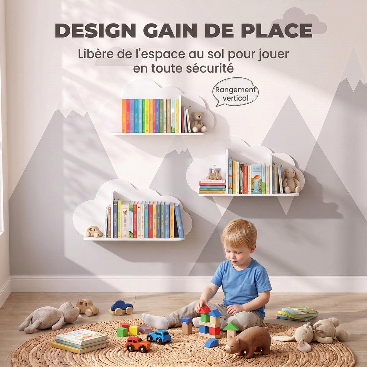 Lot de 3 Étagères à Livres Murales pour Enfant, Forme Nuage, Bibliothèque pour Enfants 3-8 ans, Blanc-3