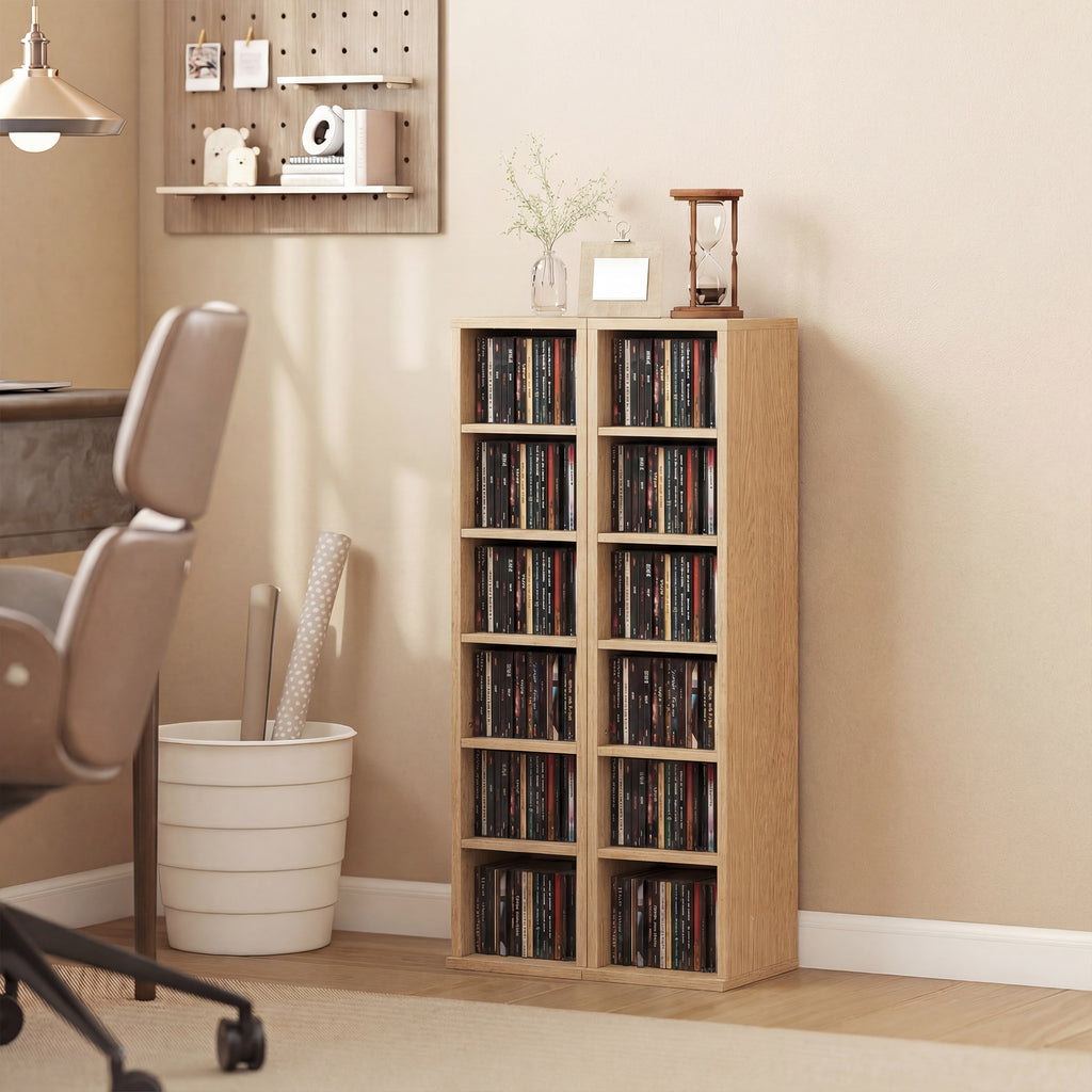 Lot de 2 étagères colonnes armoire de rangement CD-DVD 12 compartiments 21 x 22,5 x 88,5 cm capacité 204 CD bois naturel-1