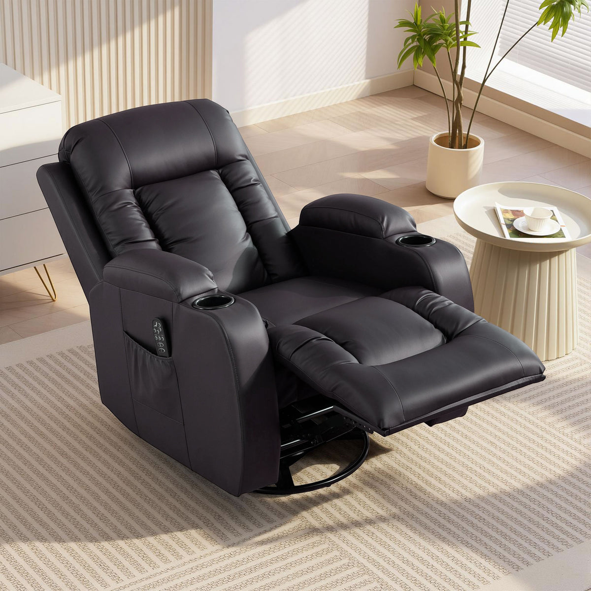 Fauteuil inclinable de massage et chauffage, fauteuil de relaxation, dossier réglable, pivotant 360°, 82x99x103cm, marron-9