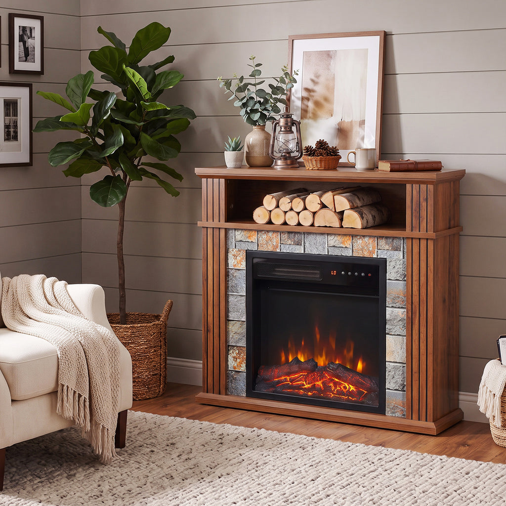 Cheminée Électrique 1800 W, Effet Flamme LED Réaliste, Compartiment Ouvert, 5 Niveaux de Luminosité, Manteau, Marron-8