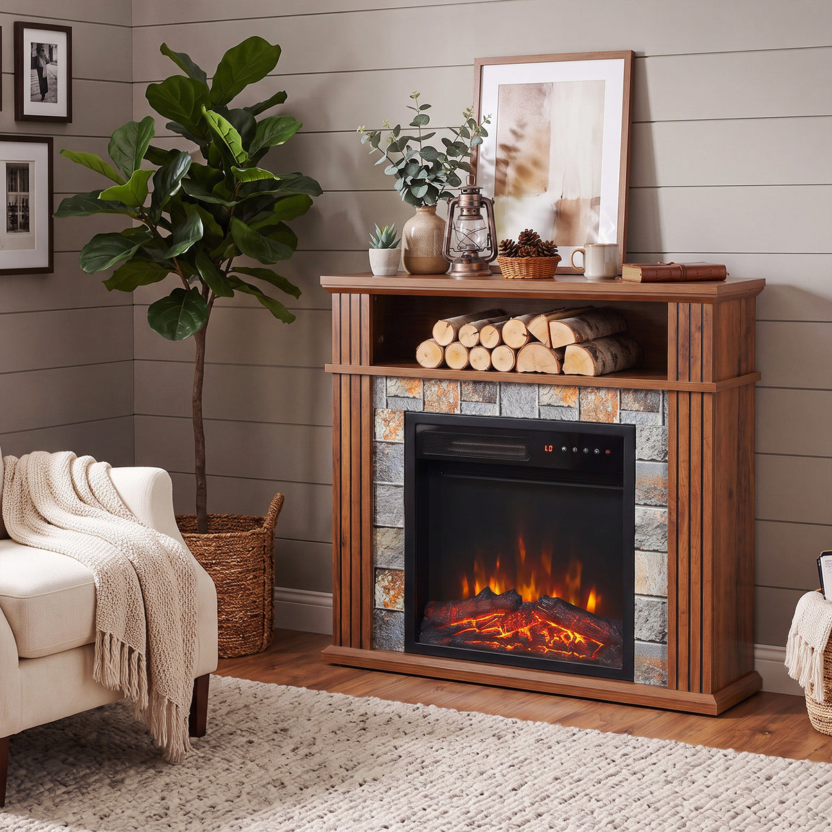 Cheminée Électrique 1800 W, Effet Flamme LED Réaliste, Compartiment Ouvert, 5 Niveaux de Luminosité, Manteau, Marron-8