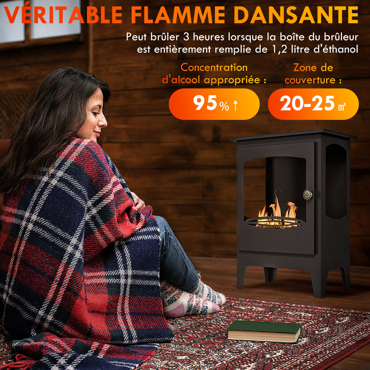 Cheminée à l'éthanol sur pieds style contemporain avec réservoir 1,2Lenviron couverture 25 m² 39 x 26 x 54 cm noir-3