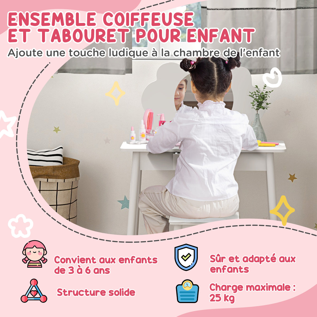 Ensemble coiffeuse pour enfant avec tabouret, coiffeuse 2 pièces pour enfants de 3 à 6 ans, miroir forme de nuage, blanc-3
