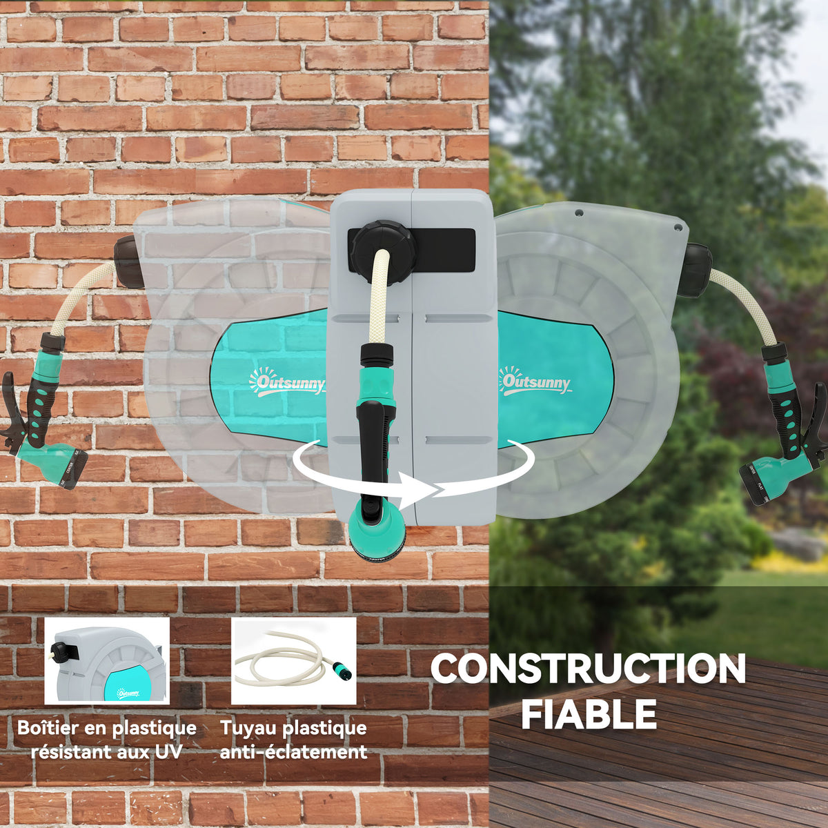 Enrouleur tuyau arrosage dévidoir de tuyaux d'eau 25+2 m support mural + poignée pivotant à 180° 55 x 20 x 42 cm gris-4