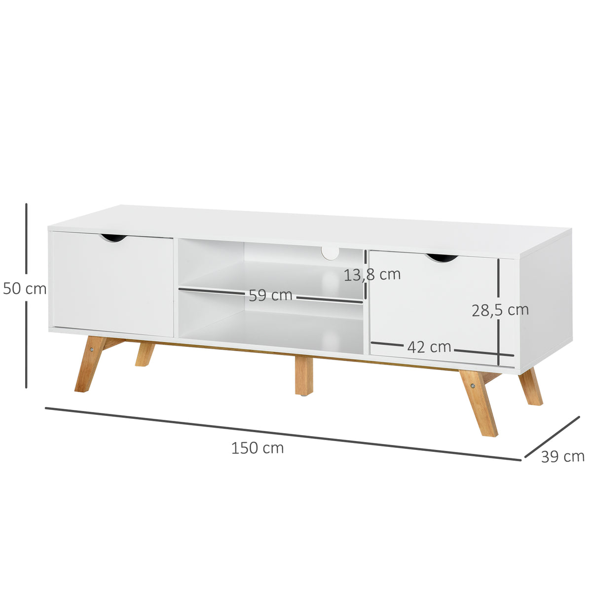 Meuble TV Banc TV sur Pied Moderne Scandinave 2 Portes 2 niches en Bois Blanc 150L x 39l x 50H cm-2