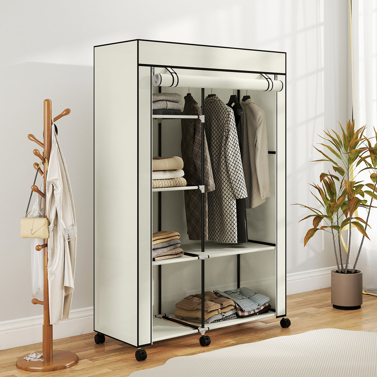Armoire penderie en tissu meuble de rangement 6 roulettes tringle à vêtements et étagères ouvertes 103x43x162,5cm crème-6