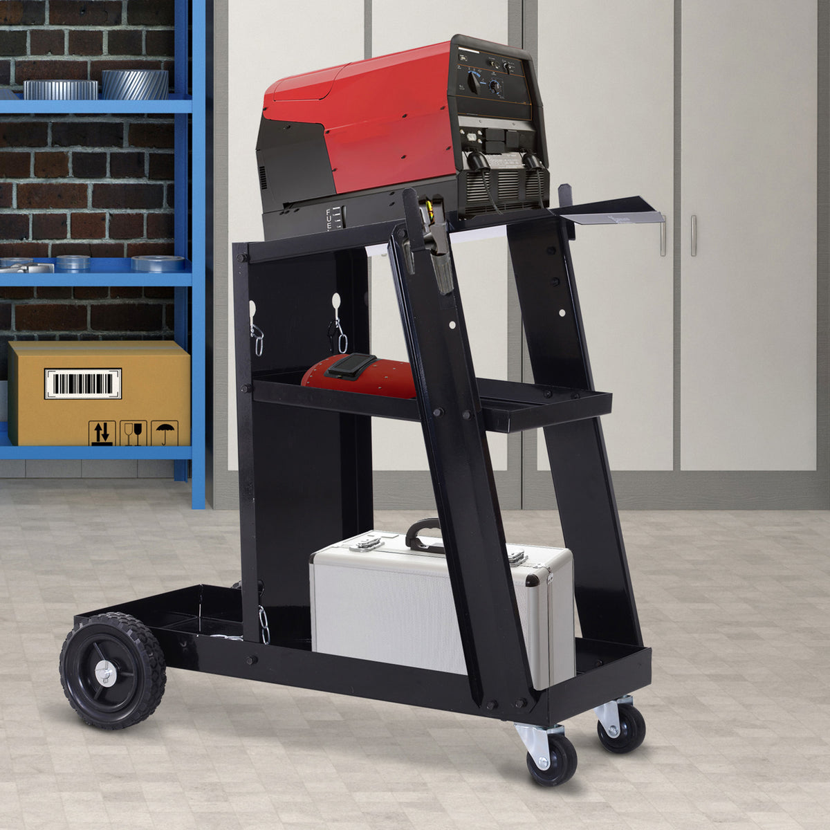 Chariot de soudage mobile à 3 niveaux avec 4 roues, porte-bouteille de gaz et chaînes de sécurité, charge 50 KG, noir-1