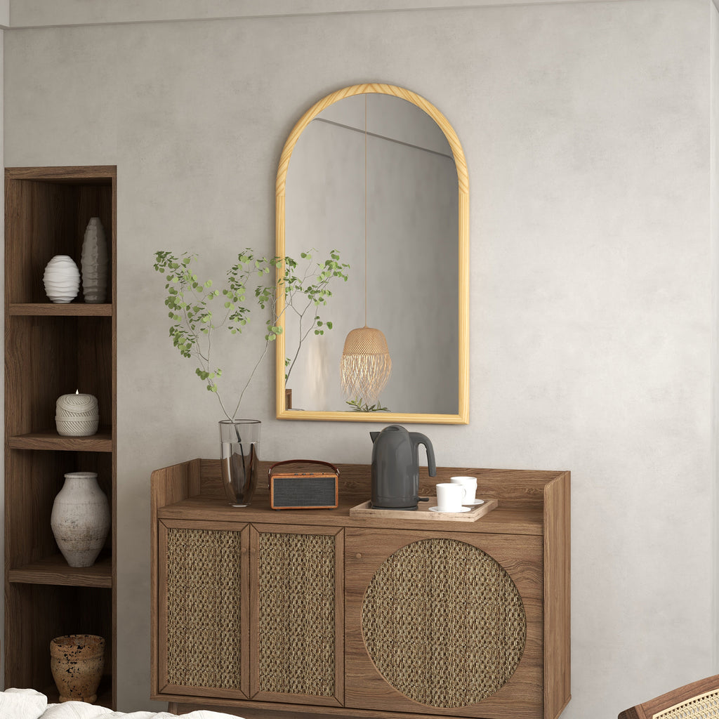 Miroir mural arche, 110 x 65 cm Cadre en bois, Miroir arqué pour le salon, la chambre, l'entrée, bois naturel-1