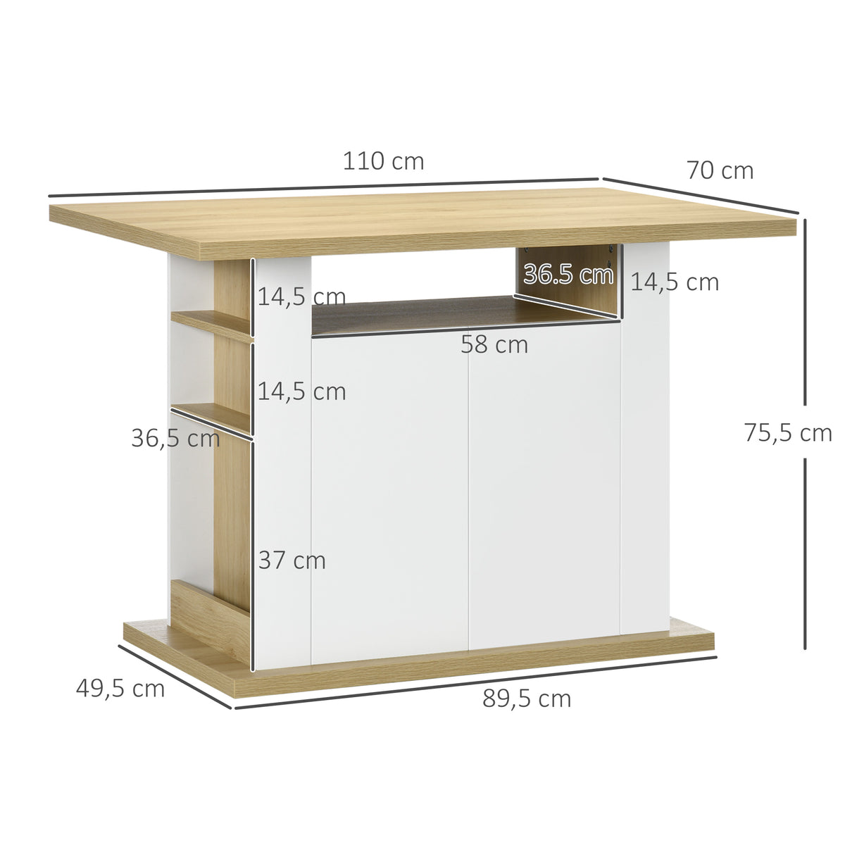Ilot central cuisine table avec grand plan de travail 4 personnes - dim. 110L x 70l x 75,5H cm-2