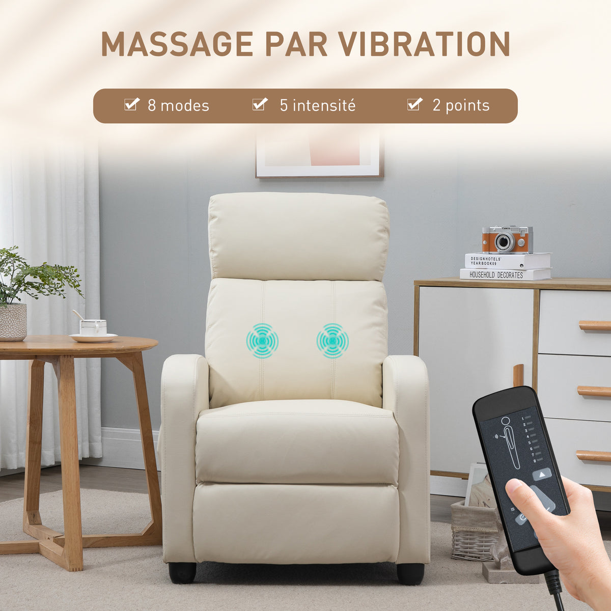 Fauteuil de Relaxation et Massage avec Inclinaison Manuelle Dossier Repose-Pied réglable revêtement synthétique Crème-3